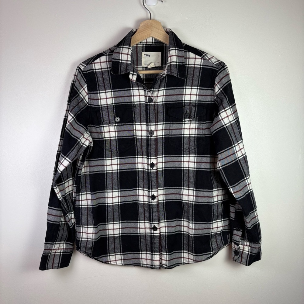 Tilley Women’s Black White Red Plaid Button-Up Shirt, Size Small, Organic Cotton